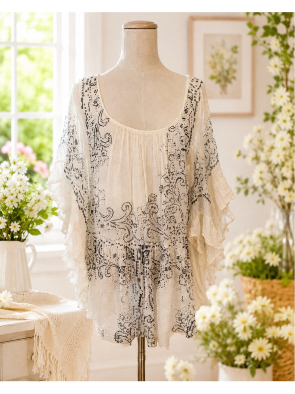 Mes Demoiselles Paris White Paisley Boho Cotton Ruffle Tunic Blouse Size 38 (m)
